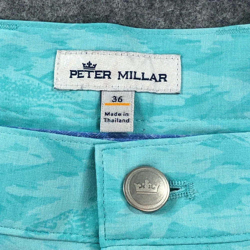 Peter Millar Mens Golf Shorts 36x10 Teal Green-Blue Fish Shark Camo Performance